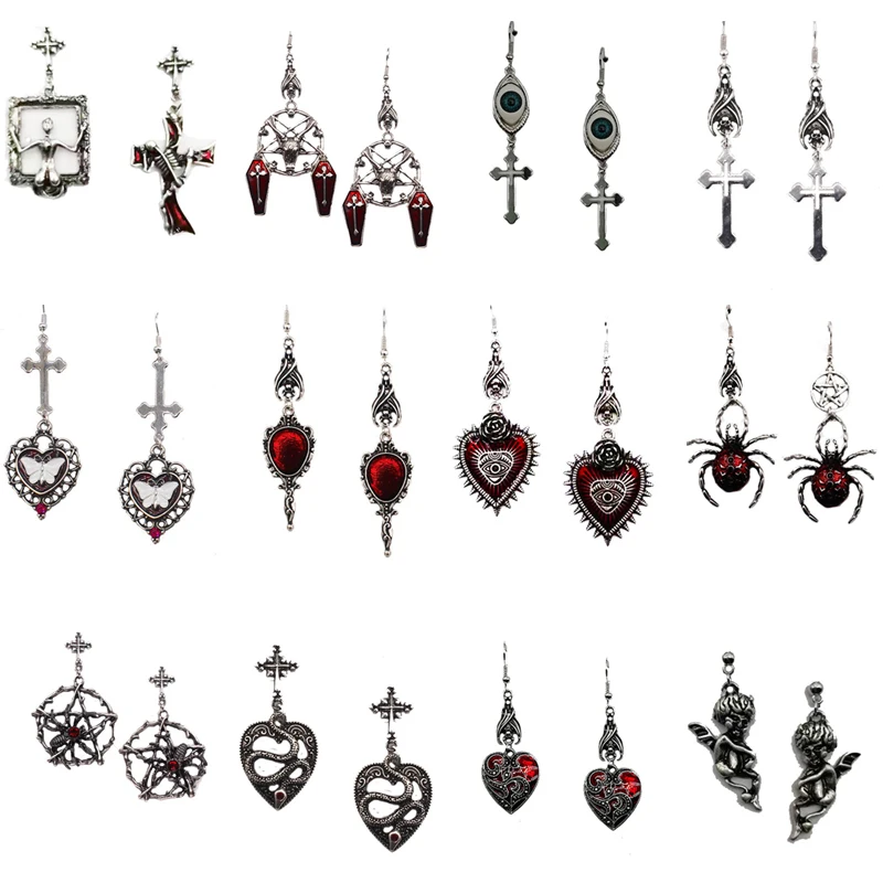 Dangle Earrings Goth Mysterious Dark Coffin Blood Rose Heart Butterfly Bat Skull Angel Charms Vintage For Women