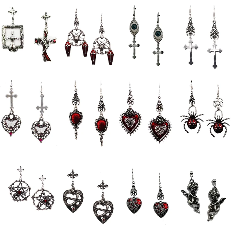 Goth Mysterious Dark Coffin Drop Earrings Jewelry Blood Rose Heart Butterfly Bat Skull Angel Charms Vintage Earrings For Women