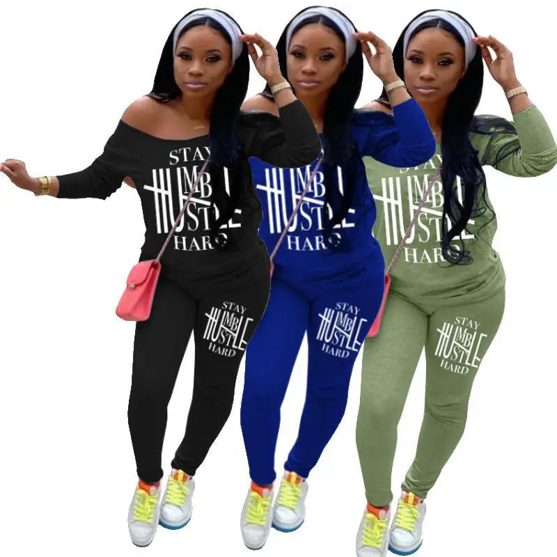

Letter Printting Solid Color Long Sleeve Tshirts and Pencil Trousers Women Two Piece Outfits Sports Casual Slim Suits