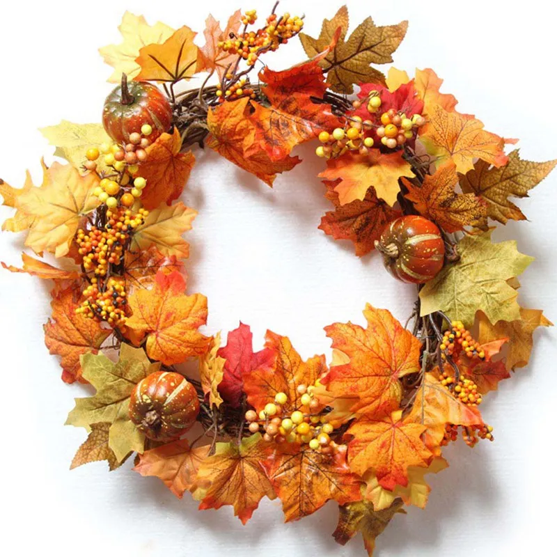 

Halloween Props Leaf Wreath Autumn Maple Pumpkin Berry Garland Front Door Home Wall Decoration