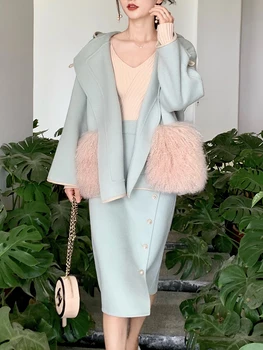 

New Design Elegant Wool Two Piece Set Dress Hooded Lamb Fur Pocket with Leather Belt High Waist Botton Skrit Winter Outfits