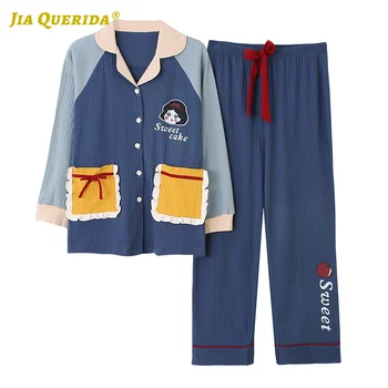 

Turn Down Collar Long Sleeve Long Pants Sleepwear Fashion Style Woman Clothes Front Pocket Pajamas Set Pj Set Ladies Sleepwear