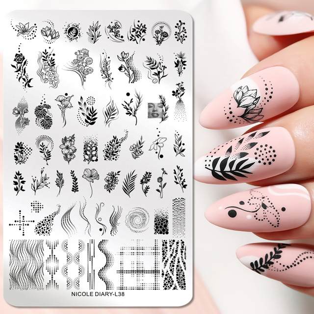 DIARY Leaves Nail Stamping Plates Abstract Flower Line Dot Point Image Stamp Templates Printing Stencil Tools