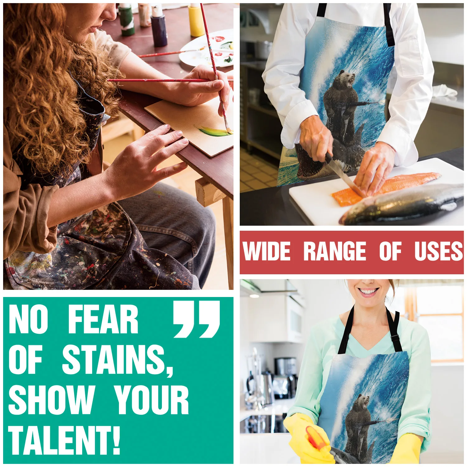 Kitchen Apron Funny Bear Shark Machine Gun Wave Adjustable Bib Canvas Aprons For Women Cooking Baking Restaurant Apron Pinafore