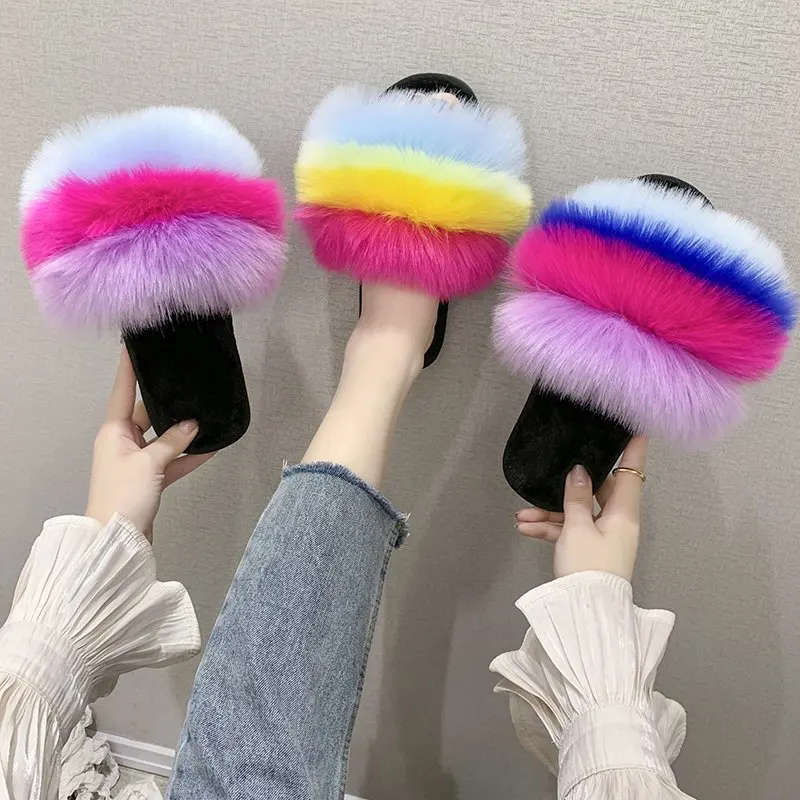 

Europe and America Fashion Plush Slipper Women's 2020 Online Celebrity Hot Selling Faux Fox Fur Wool Slippers Household Casual S