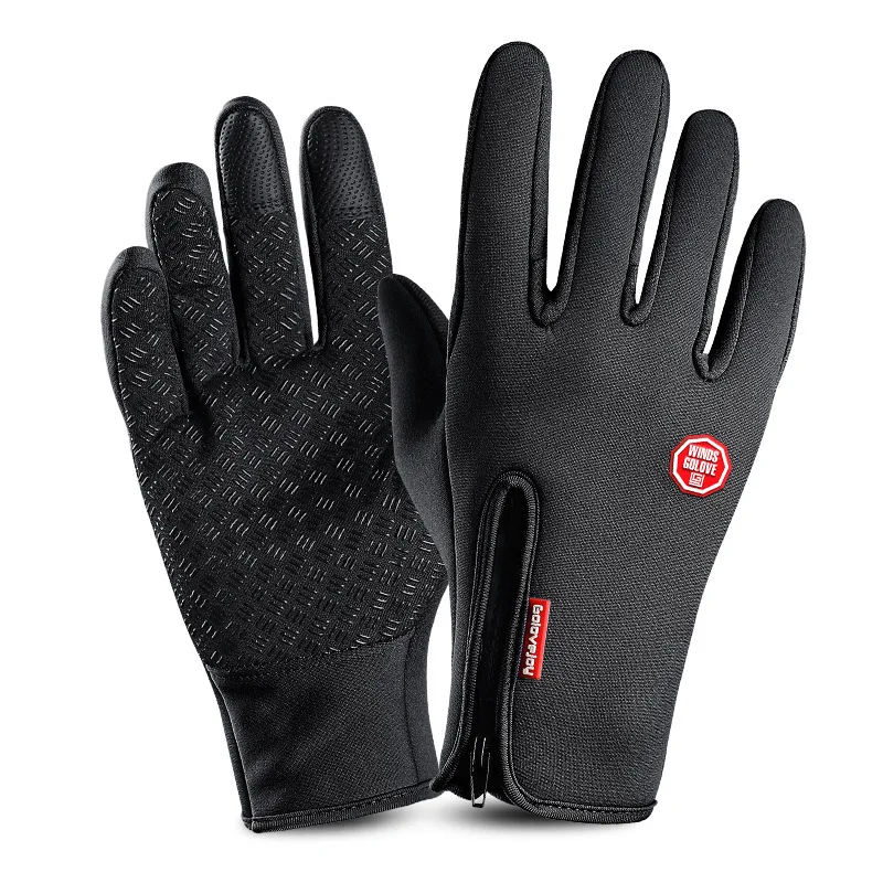 Winter Warm Gloves Men Women Anti-slip Plus Velvet Touch Screen Bicycle Cycling Gloves Full Finger Skiing Glove Black S M L XL - Цвет: Black A