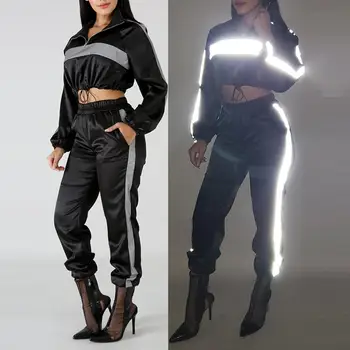

Two Piece Set Women Sexy Nightclub Wind Fluorescent Reflective Long Sleeve Stitching Navel Top Pants Sports Set
