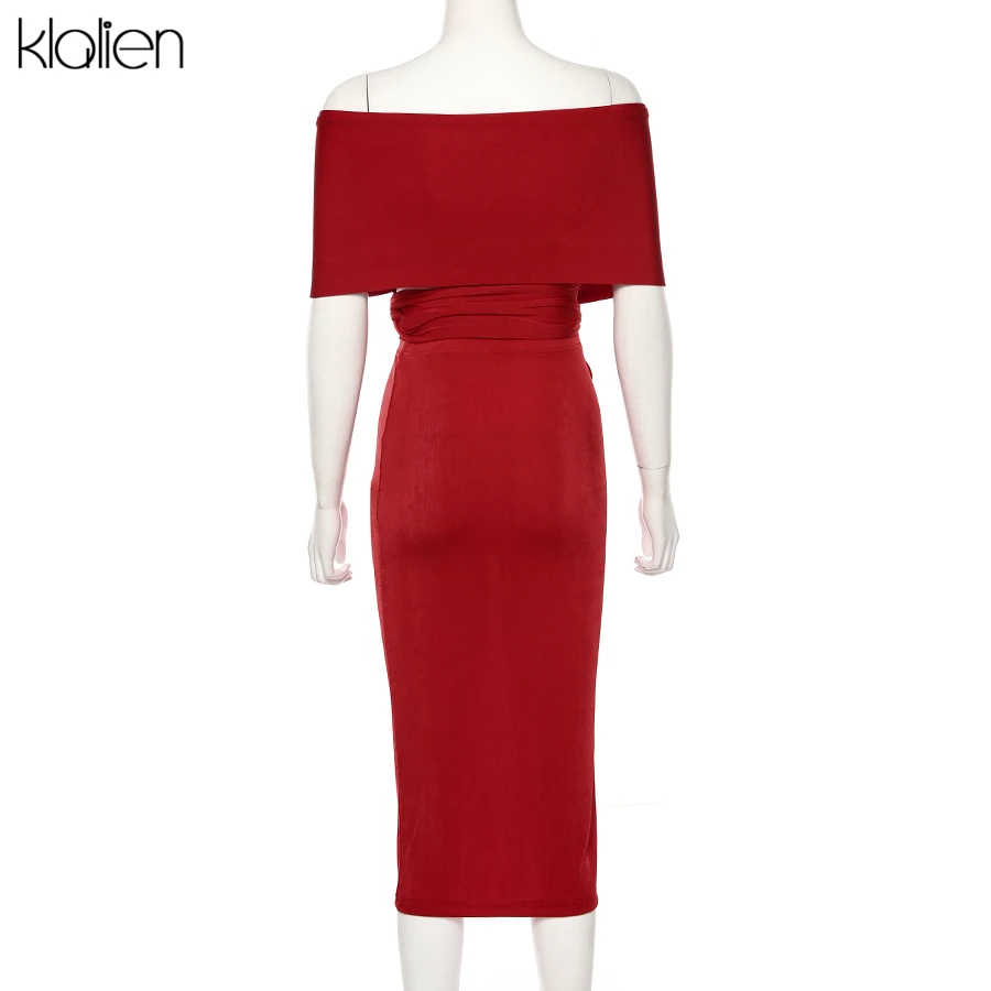 KLALIEN Autumn Elegant stretch Slim off shoulder midi Dress women fall winter Sexy club Party night Strapless bodycon Dress