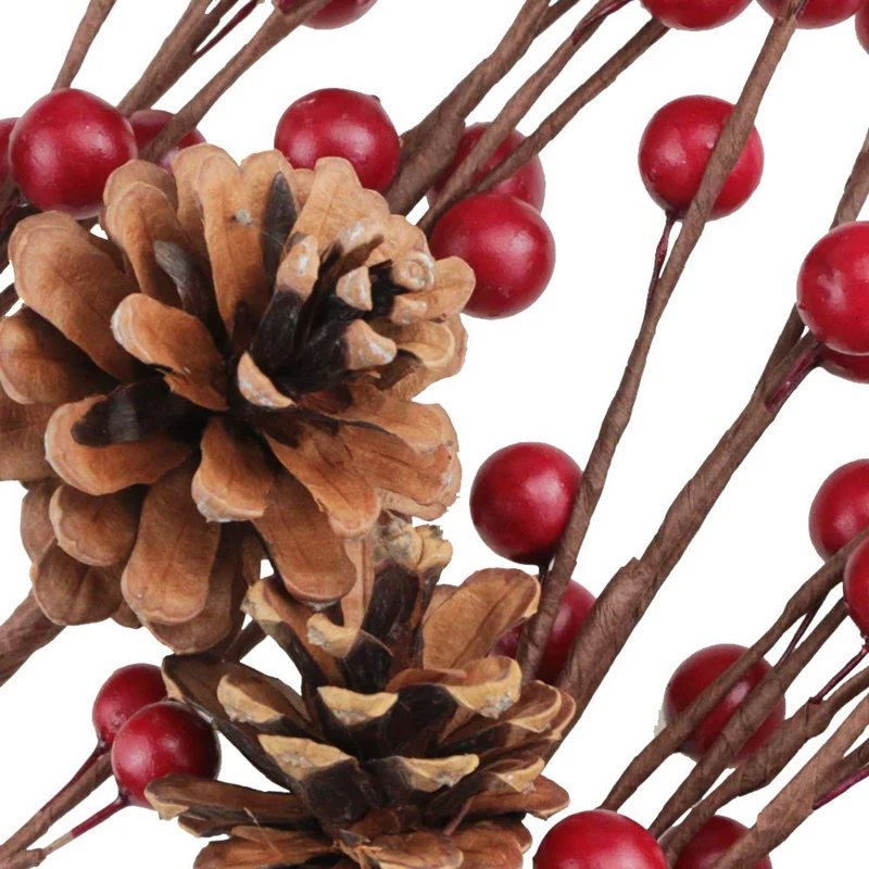12 Pcs Simulation Berry Branch Red Bubble Berry and Pine Cone Set Christmas Decoration Flower Arrangement-12 Inch