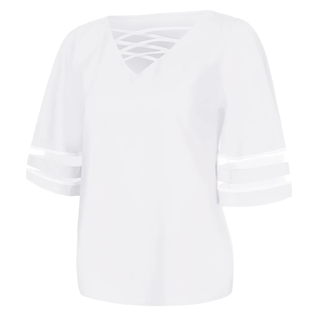 JAYCOSIN Fashion Loose Blouse Female V Neck Mesh Panel Blouses 3/4 Bell Sleeve Casual Loose Blouse Patchwork Ladies Girls 802