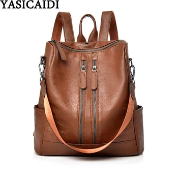 

YASICAIDI Anti-theft Backpack Vintage Leather Large Capacity Women Travel Backpack Detachable Belt School Bags For Teenage Girls