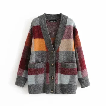 

Spring 2020 women's new V-Neck long sleeve Slouchy color block Plaid knitted coat with loose single breasted cardigan sweater