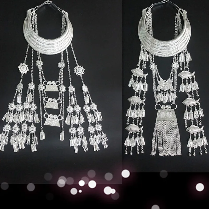 

Silver Miao Necklace Hmong Chinese Traditional Dance Accessories Retro Tassel Ring Minority Cosplay