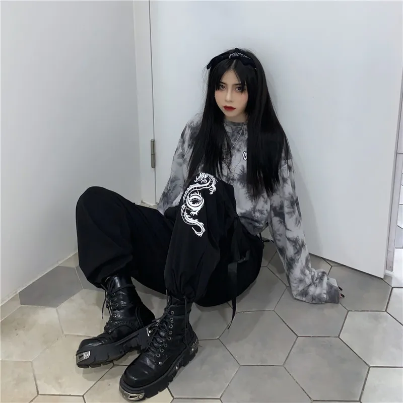 Новое поступление женские корейские Ins Harajuku Хип-хоп стиль ткацкая лента дизайн большой карман дракон вышивка повседневные брюки карго уличная Женская Повседневная пот брюки черные длинные брюки