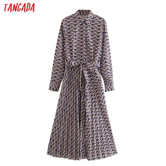 US $16.10 Tangada fashion women wave print shirt dress with belt Long Sleeve office Ladies work midi Dress Ve