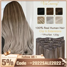 VeSunny Clip On Hair Extensions 100% Remy Human Hair 7pcs 120g Ombre Blonde Color Double Weft Hairpin on Hair For Women Salon