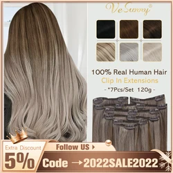 VeSunny Clip On Hair Extensions 100% Remy Human Hair 7pcs 120g Ombre Blonde Color Double Weft Hairpin on Hair For Women Salon