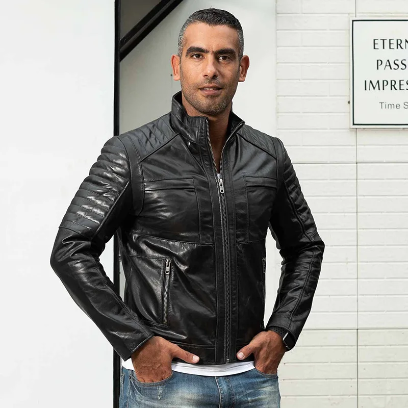 Avirexfly Genuine Leather Clothes Men's Stand Collar Slim Fit Short Cowhide Leather Jacket American Simple Casual Coat