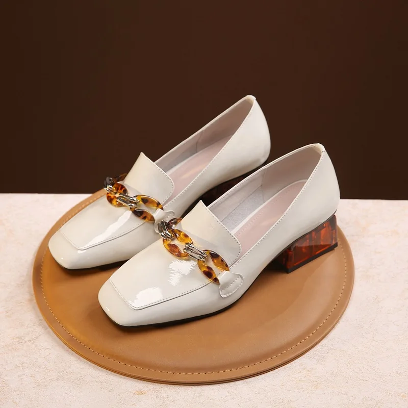 beige ZVQ/Новые Модные осенние женские туфли-лодочки женская обувь из натуральной кожи с квадратным носком на среднем каблуке без застежки Прямая поставка, размер 33-42 - Цвет: beige