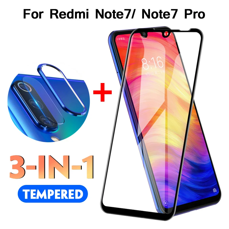 

3-IN-1 Full Tempered Glass For Xiaomi Redmi Note 7 Pro Screen Protector Metal Ring Camera Lens Film On Xiomi Redmi Note 7 7Pro