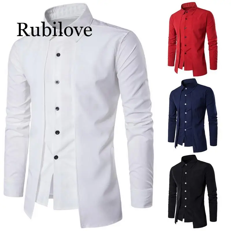 Rubilove поддельные 2 шт мужские рубашки Брендовые мужские рубашки с длинным рукавом Повседневные однотонные облегающие черные мужские рубашки размера плюс