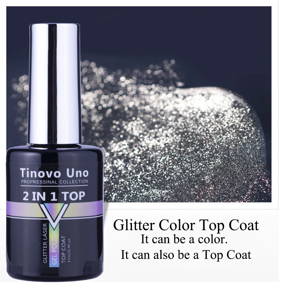 Tinovo Uno Glitter Top Coat UV Gel Nail Polish 2 IN 1 12ML Super Shine Laser Topcoat Manicure Vernis Semi Permanent Gel Finish 5