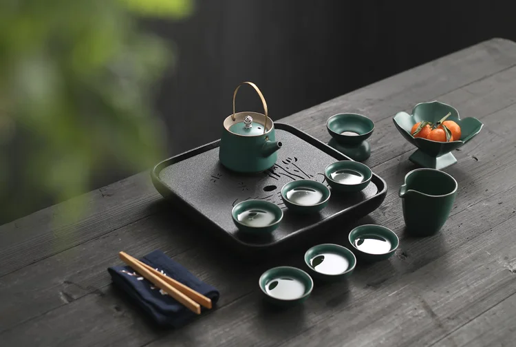 Китайский ретро керамический чайный сервиз, винтажный чайный сервиз Kungfu, керамический zne, белый, черный, темно-зеленый чайный сервиз, чашка для 4 или 6 FF70C20