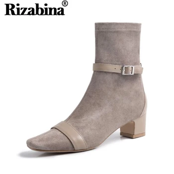 

RizaBina Winter Short Boots For Women Fashion Buckle Simple Zipper Shoes Women Warm Square Toe Solid Color Footwear Size 34-40