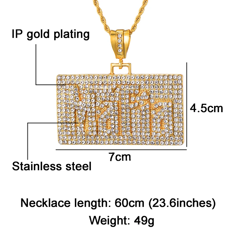 US7 золотого цвета квадратные подвески и ожерелья s Bling Полный Rhinestoned Iced Out веревка цепочка на шею для мужчин хип-хоп ювелирные изделия