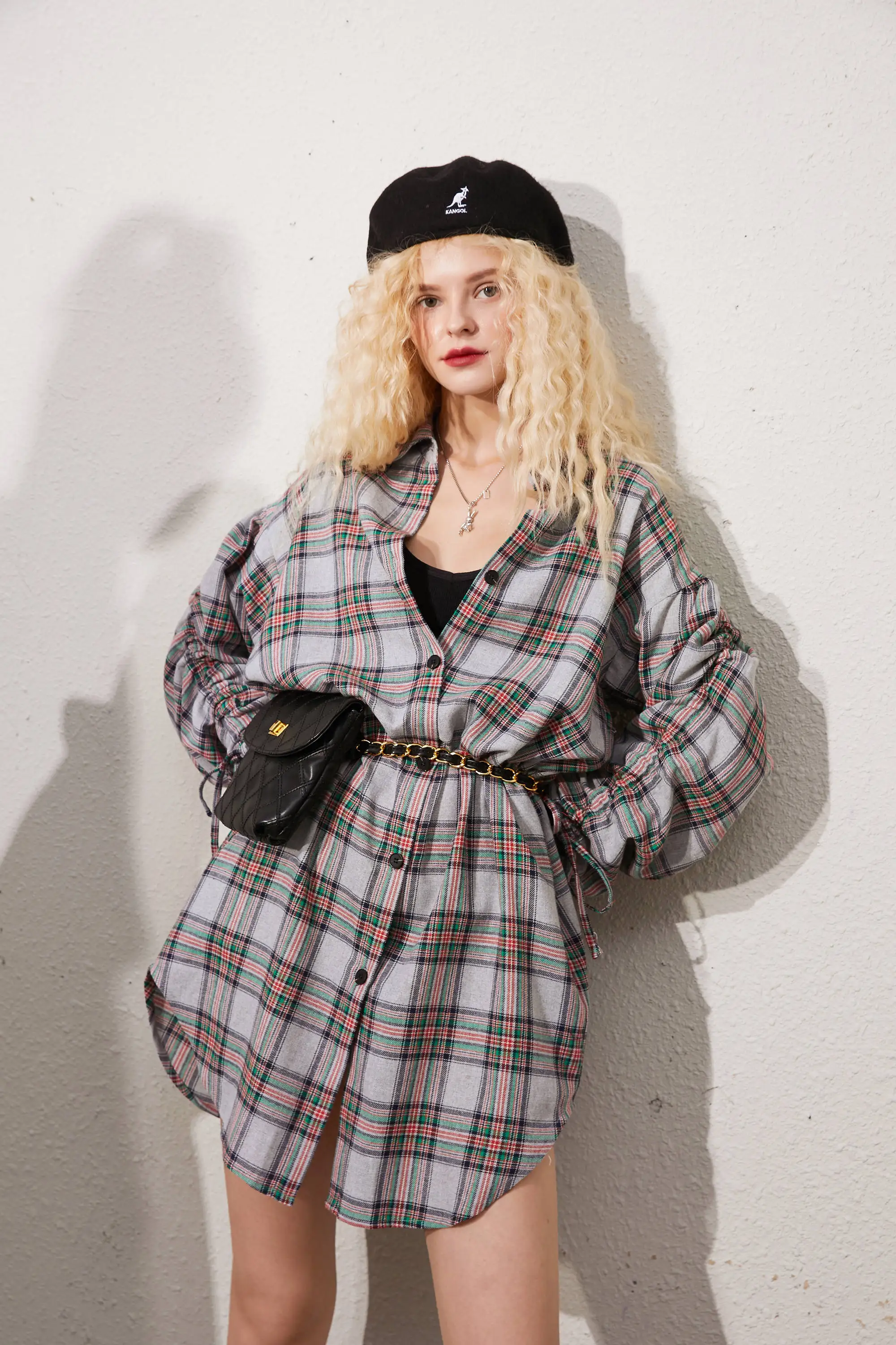 ELFSACK Plaid British High Waist Chiffon Shirt Dress Women,2020 Autumn ELF Vintage Lace Up Korean Ladies Daily Preppy Dresses