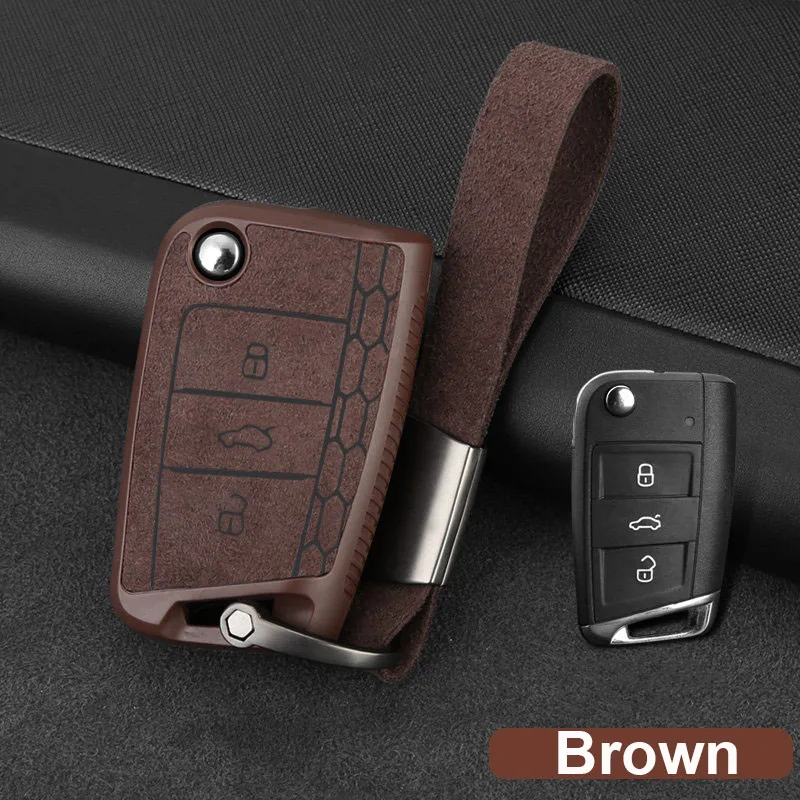 Brown Пластиковый+ кожаный чехол для ключей автомобиля для Volkswagen VW Golf 7 MK7 Tiguan mk2 для Skoda Octavia A7 Kodiaq - Название цвета: Brown