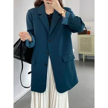 Blue Long Elegant Women Blazer Long Sleeve Three Button Loose Black Casual Suit Coat