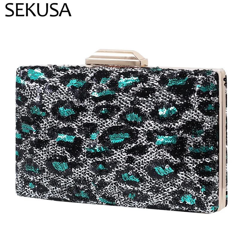 

Leopard Sexy Women Clutch Sequined Metal Evening Bags Chain Shoulder Party Weddign Handbags Purse Wallets