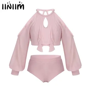 

iiniim Kids Girls Dancewear Off Shoulder Caged Back Ruffled Crop Top with Briefs Set Dancing Costumes for Stage Performance