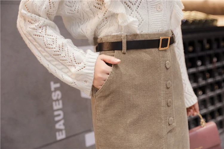 Осенняя Женская Вельветовая миди юбка с высокой талией однобортная трапециевидная юбка с поясом юбка-карандаш