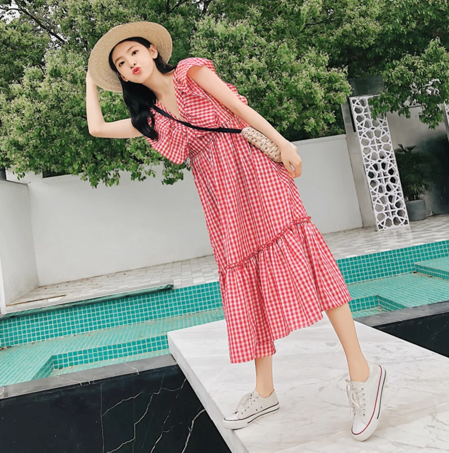 

Korean-style Plaid Dress Women's Summer Small Fresh sukol GIRL'S Flounced Long Skirts over-the-Knee INS Students First Love Skir