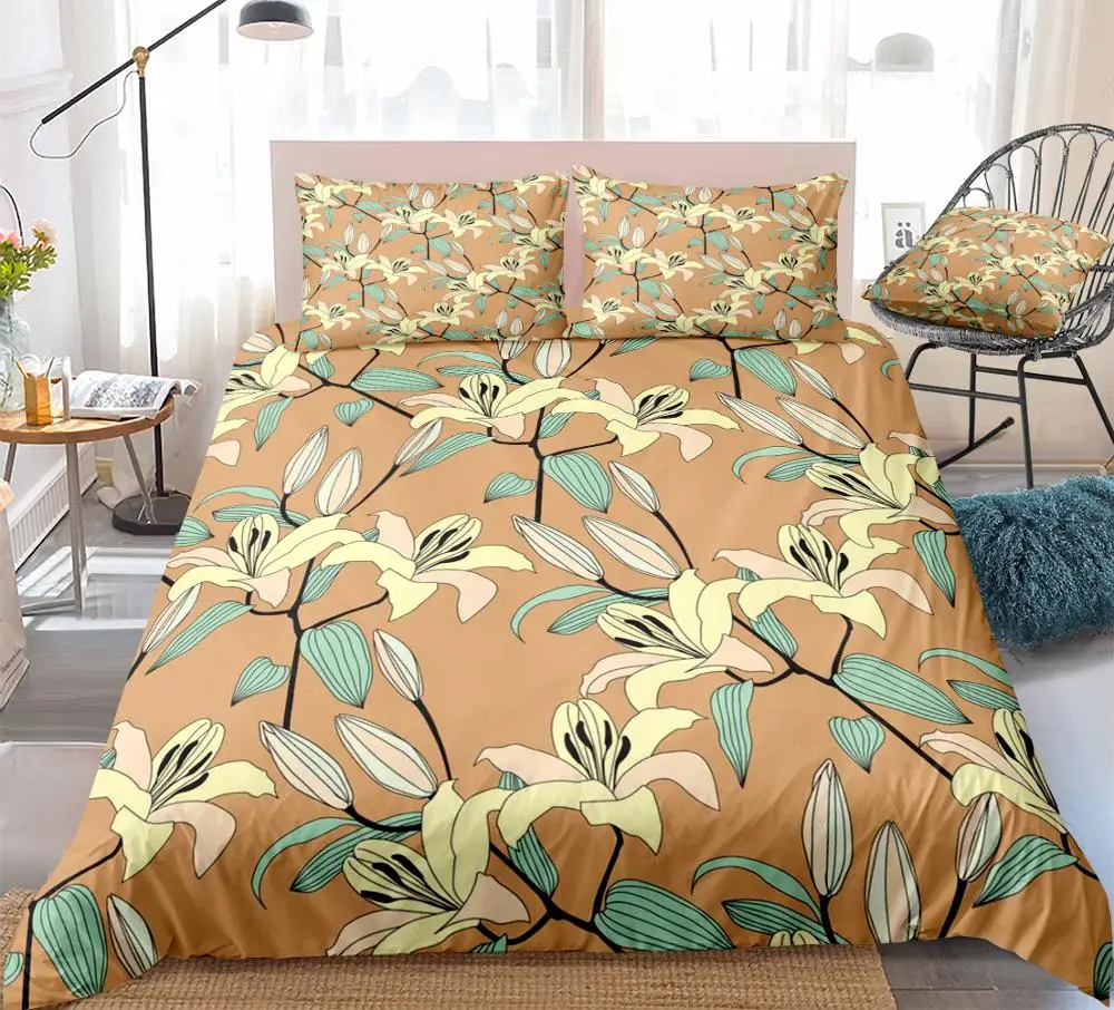 

Flowers Duvet Cover Set Retro Floral Bedding Set Lily Flower Bed Linen Luxury Bed Set Girls Home Textile Microfiber Bedclothes
