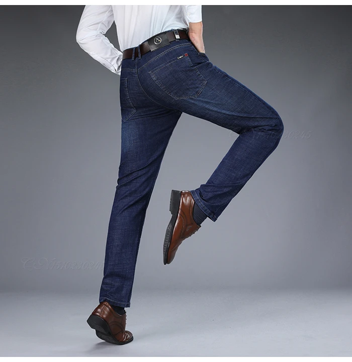 Autumn and Winter Classic Men's Business Fit Jeans Fashion Casual Denim Stretch Trousers Male Brand Pants Black Blue