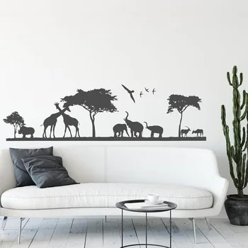 

Safari Animal Wall Decal Jungle Wall Stickers, Safari Landscape Africa Jungle Scene Elephants Giraffes Tree Art Decal 2191