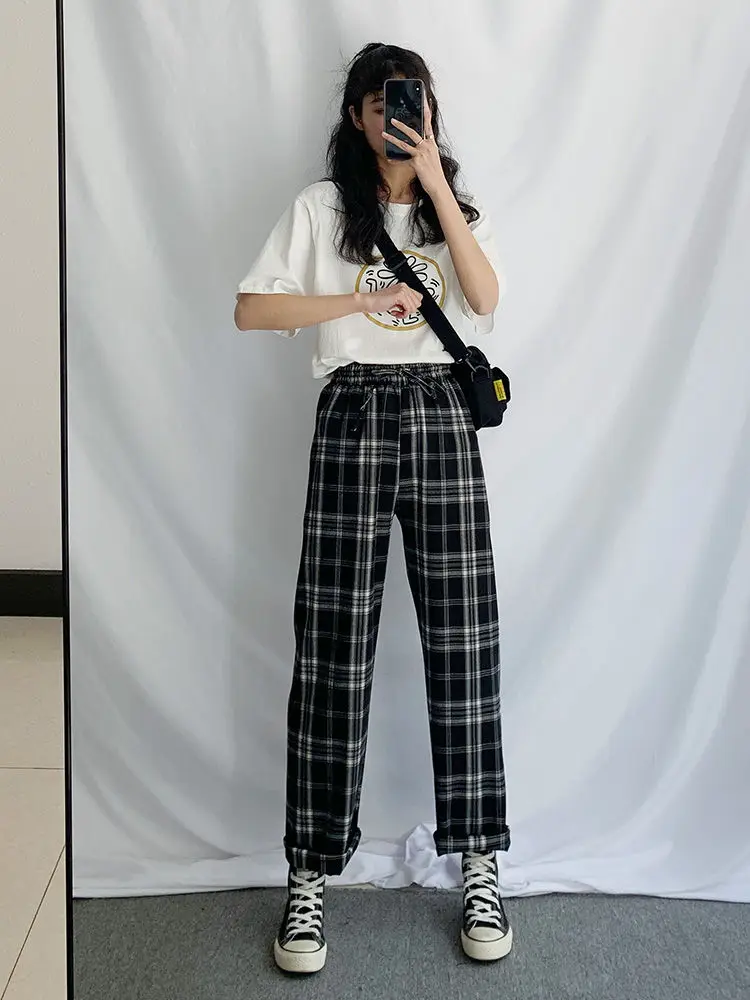 HOUZHOU Checked Black Loose Pants Women2020 Korean Style Plus Size Joggers Women Pants in a Cage For Trousers Women