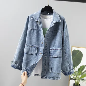 

Spring Autumn Solid Color Denim Jacket Women's POLO Collar Single-breasted Big Pocket Outerwear 2020 New Loose Jeans Jackt Z248