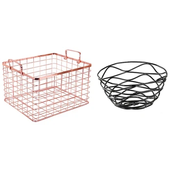 

2Pcs Iron Fruit Basket Holder Storage Snack Basket Household Tea Table Fruit Basket - Rose Gold Square & Black Round