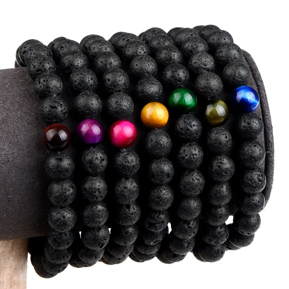 Naturstein Lava Armband Tigerauge Perlen hand gefertigte geflochtene elastische Seil einfache Naturstein Armbänder für Frauen Männer – Detail 1