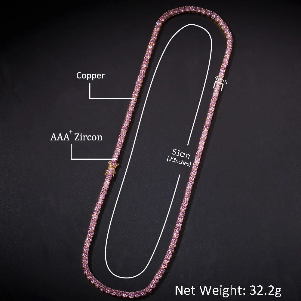 TBTK 4 мм розовое ожерелье со льдом из кристаллов циркония серебряные металлические модные ювелирные изделия Хип-хоп женские подарки подвески