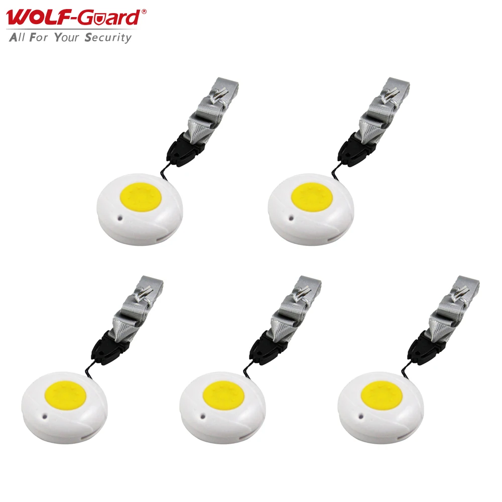 5PCS Wolf-Guard Wireless Waterproof Wristwatch Necklace Emergency SOS Button Panic Alarm System for Elderly/Patients/Children