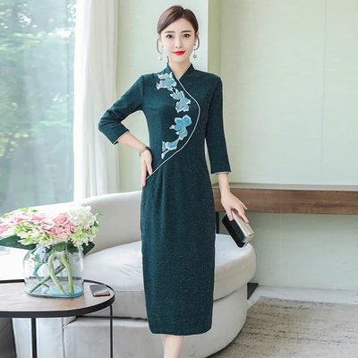 ASYH-8227# вечерние платья Cheongsam с вышивкой на выпускной, свадебное платье, длинное черно-зеленое, женской одежды больших размеров - Цвет: Blackish green