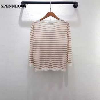 

SPENNEOOY Designer Custom Runway Female Summer Streetwear Fashion Knitting Pullovers Women Striped Knit Long Sleeve Sweater