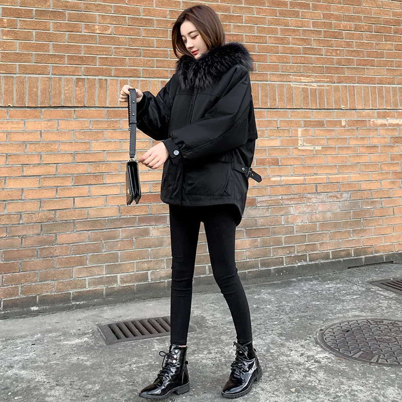 

New Style Cotton Coat Women's 2019 Autumn And Winter Korean-style Large Fur Collar Mid-length Fashion Cotton-padded Clothes Loos