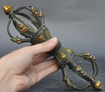 

christmas 10"Old Tibet Buddhism Bronze gilt Vajra Phurpa pestle Dagger Exorcism Talismans halloween