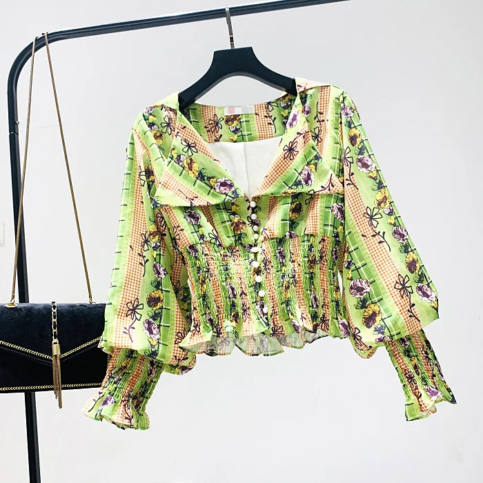 

2020 Spring New Top Design Sense Small Shirt Retro Printing Lapel Waist Princess Sleeve Shirt Was Thin Shirt Women's Blouse Tops